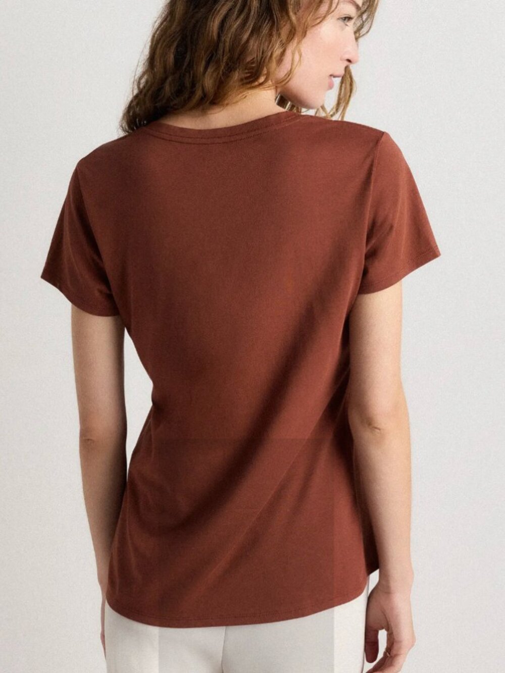 Quince Cotton Modal V-Neck Tee Copper Reddish Brown Large Short Sleeve T-Shirt T - Picture 2 of 8